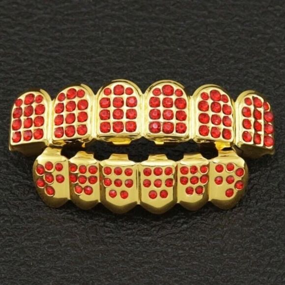 Gold and Red Teeth Grillz 2pc Set - Picture 1 of 10